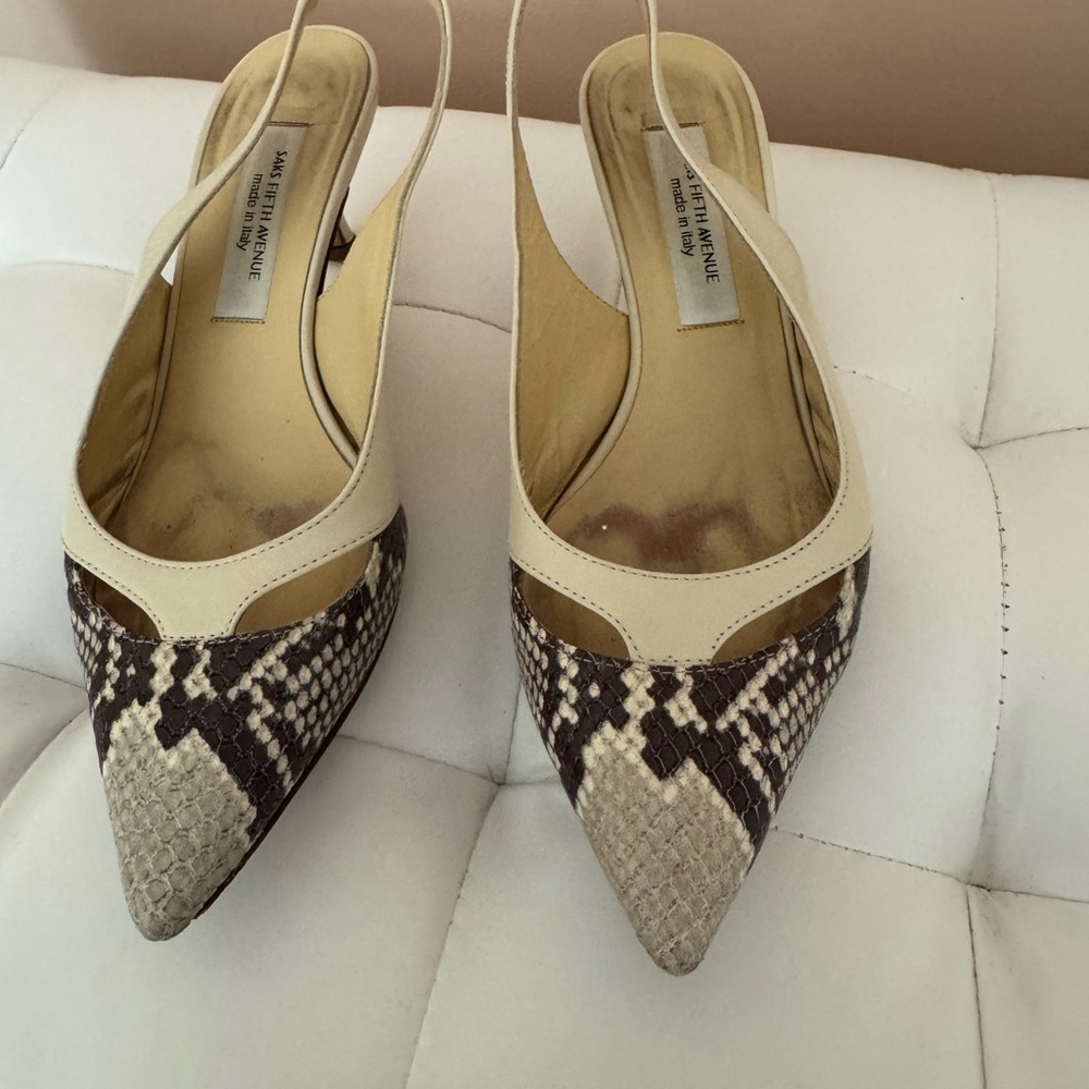 Saks Fifth Avenue Cream and Brown Snakeskin Heels. Used, size 6 - Picture 2 of 6